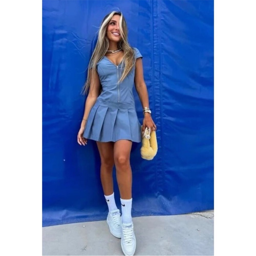 Zara Blue Mini Shirt Dress with Pleats